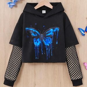 Girls Butterfly Fishnet Sleeve Hooded crop top